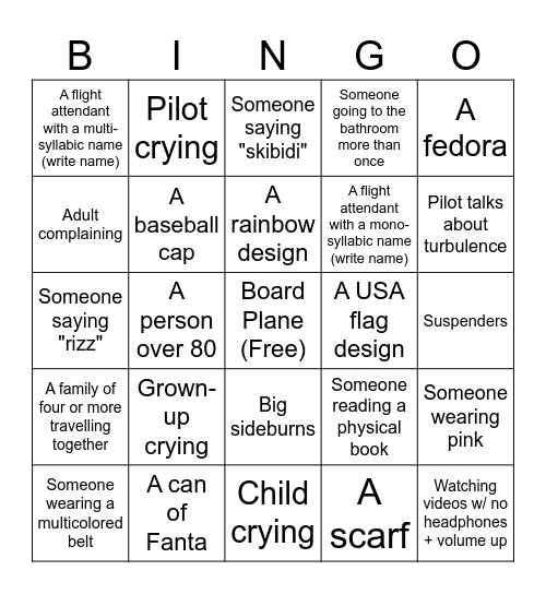 Airplane Bingo Card