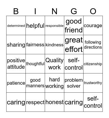 Good Character Bingo Card