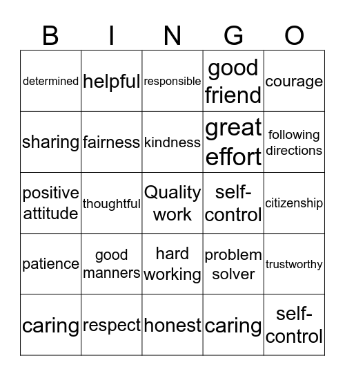 Good Character Bingo Card