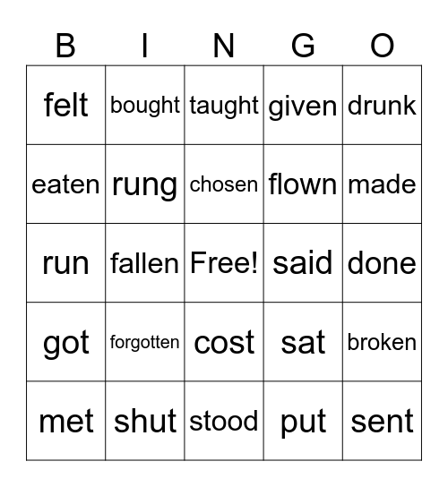 Past Particple Bingo Card