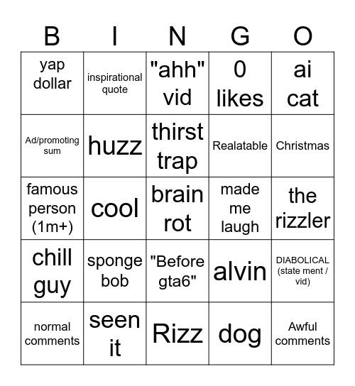 Tik Tok bingo Card