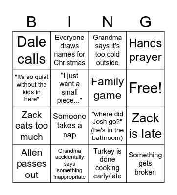Cole Family Thanksgiving Bingo Card