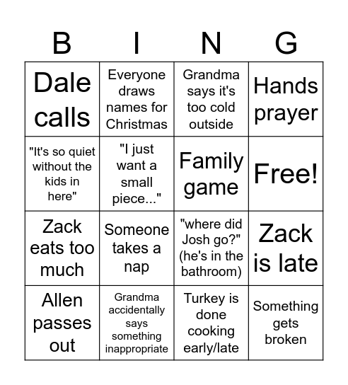 Cole Family Thanksgiving Bingo Card