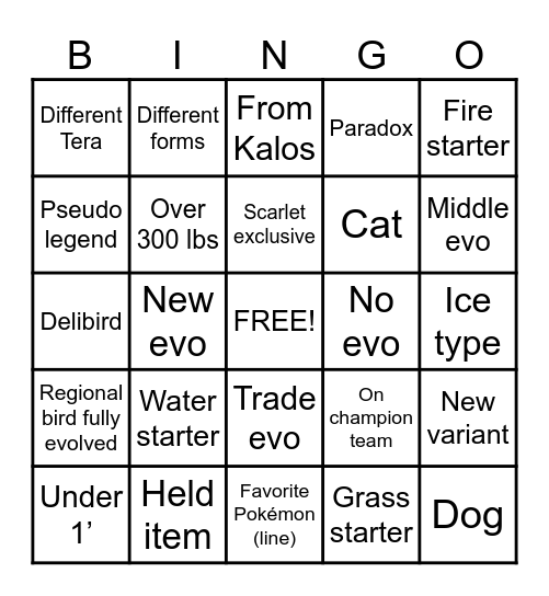 Catching Bingo (SV) Bingo Card