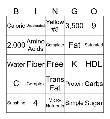 Nutrition Bingo Card