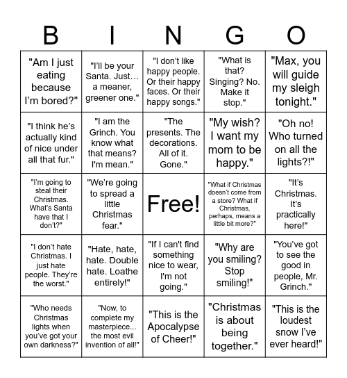 The Grinch Movie (2018) Quotes Bingo Card