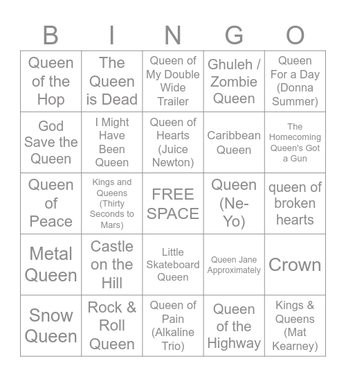 2/16 - 2/17/2025 QUEEN Bingo Card