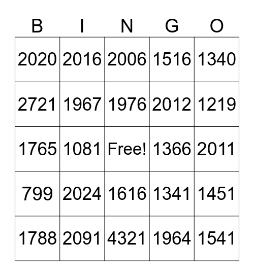 Years Bingo Card