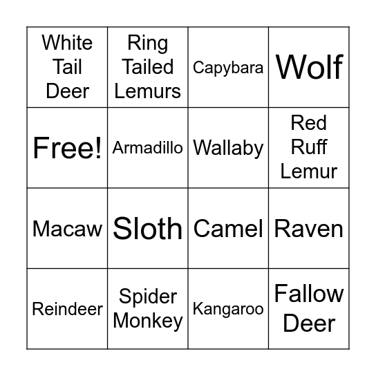 Zoo Bingo Card