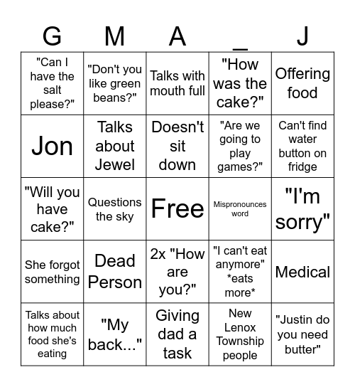 Grandma Joan Bingo Card