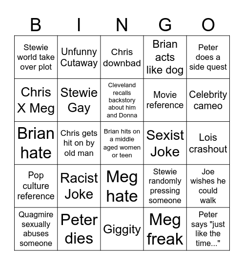 Family Guy Bingo Card