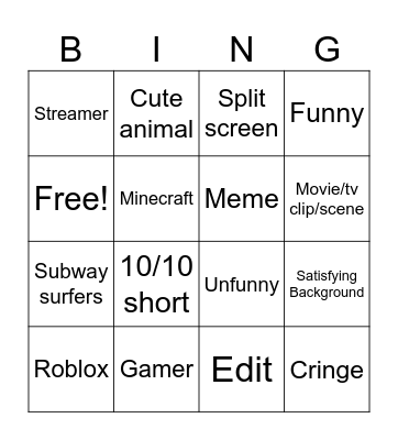 YT shorts Bingo Card