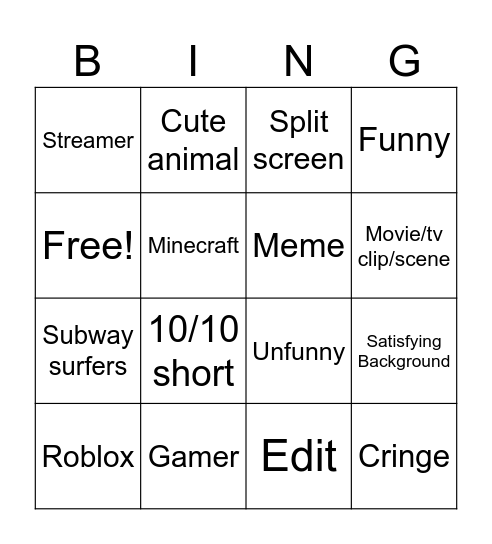 YT shorts Bingo Card