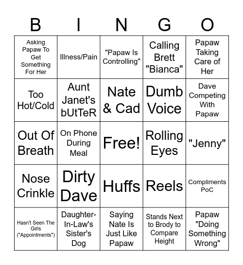 Mamaw's Mannerism Bingo Card