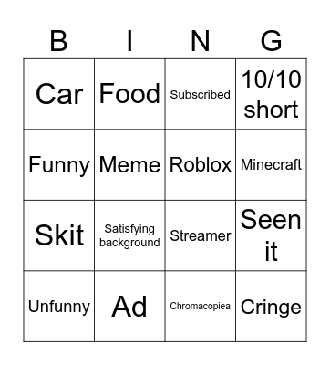 YT shorts Bingo Card