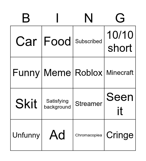 YT shorts Bingo Card