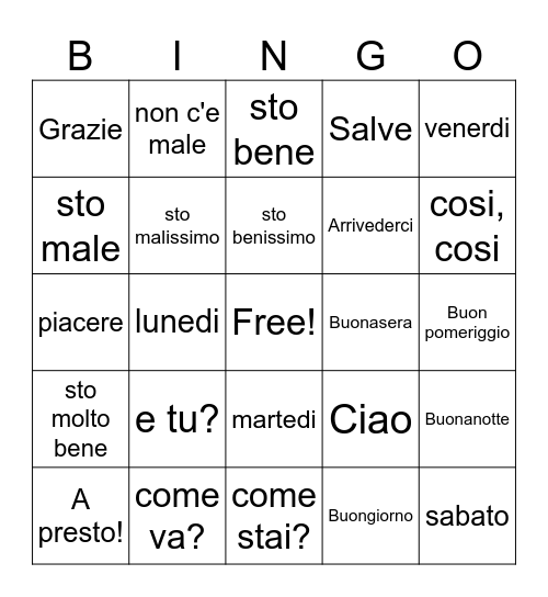 GREETINGS Bingo Card