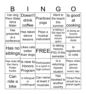 Honors Living Learning Community Bingo Card