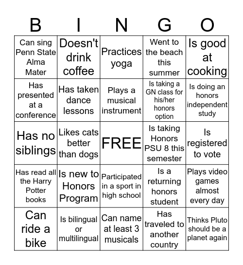 Honors Living Learning Community Bingo Card
