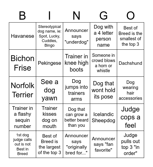 National Dog Show BINGO Card