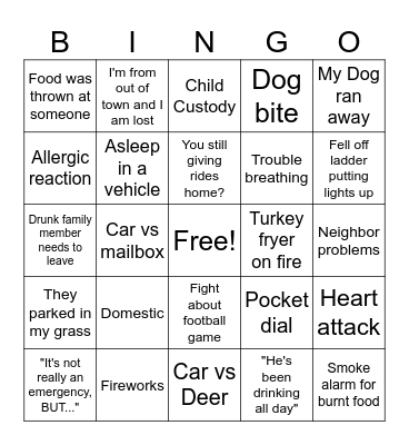 911 Thanksgiving Bingo Card