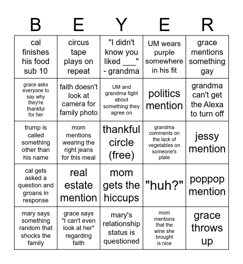 Beyer Thanksgiving Bingo Card