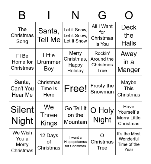 Christmas Song Bingo Card