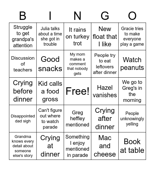 Thanksgiving 2024 Bingo Card