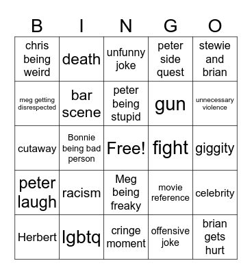 Family Guy Bingo Card