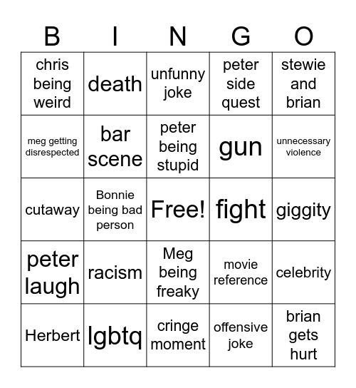 Family Guy Bingo Card