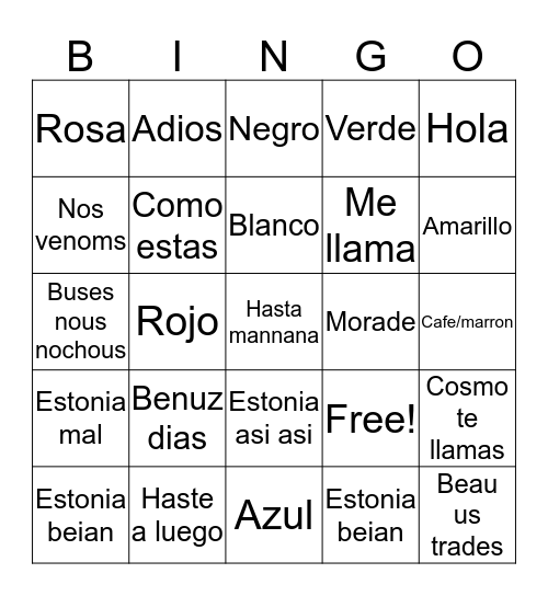 Hopes and Lizzy Spanish Bingo Card