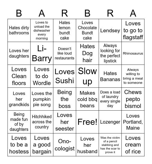 Barbs Birthday Bingo Card