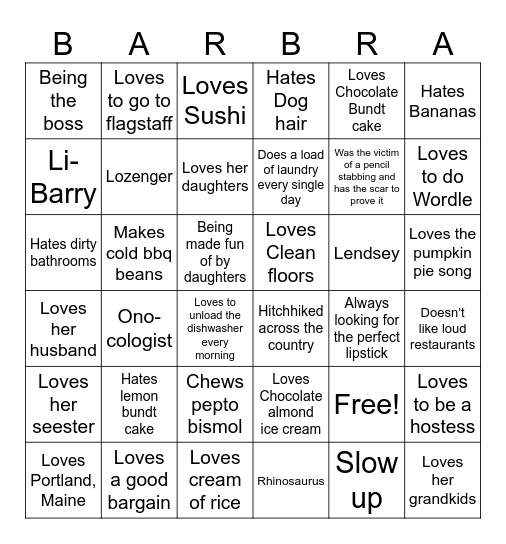 Barb's Birthday Bingo Card