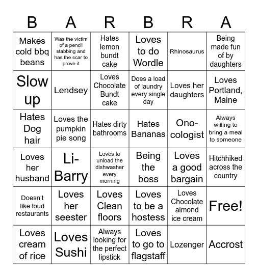 Barb's Birthday Bingo Card