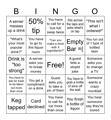 Harvest Bartending Bingo Card