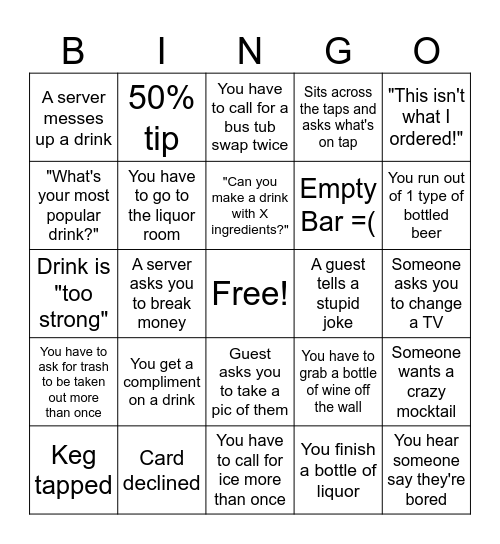 Harvest Bartending Bingo Card