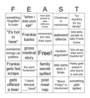 DYSFUNCTIONAL THANKSGIVING Bingo Card