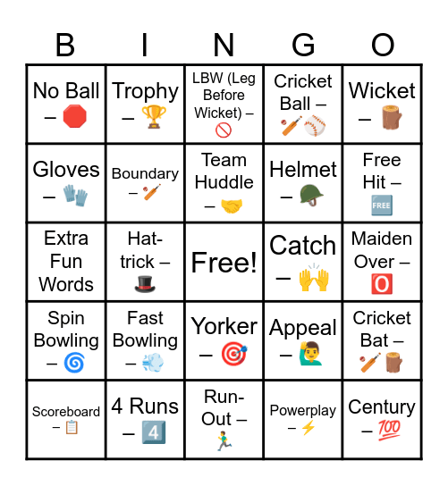 Cricket Bingo Card