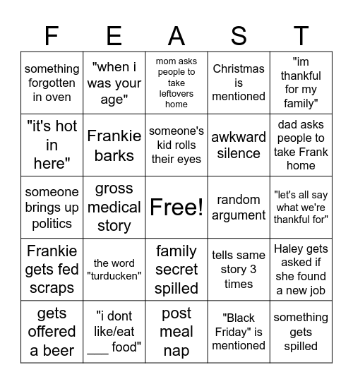 DYSFUNCTIONAL THANKSGIVING Bingo Card