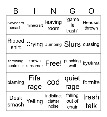 gamer rage bingo Card