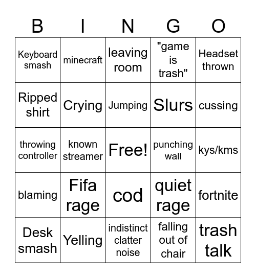 gamer rage bingo Card