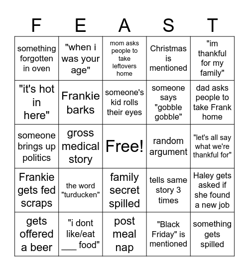 DYSFUNCTIONAL THANKSGIVING Bingo Card