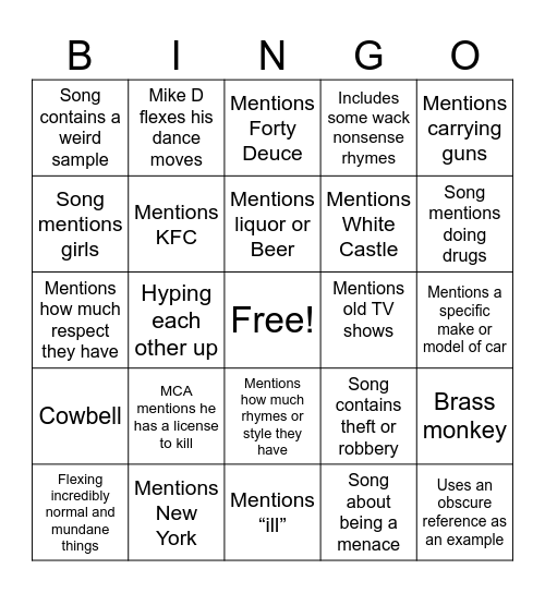 Beastie Boys song Bingo Card