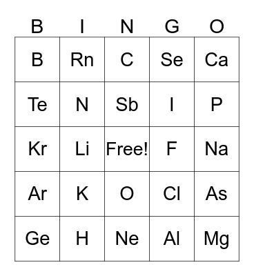 Periodic Table Bingo Card