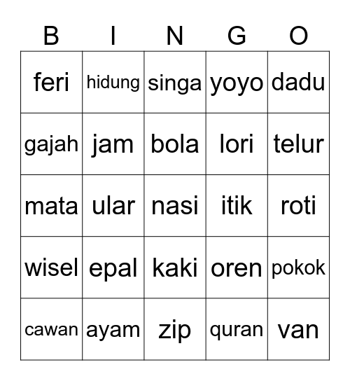 Kata Nama Bingo Card