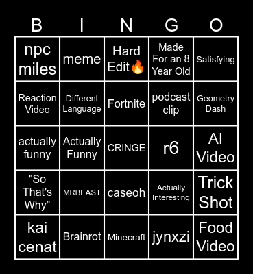 YouTube Shorts Bingo Card