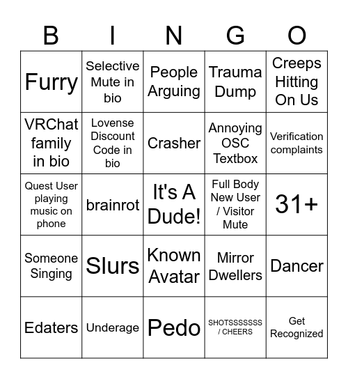 VRChat Publics on Stream O_O Bingo Card