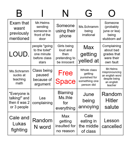 Class 10a (bunch of morons) Bingo Card