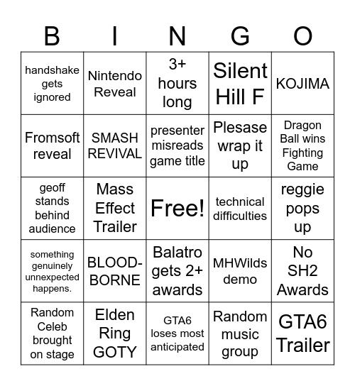 Game Awards bingo Card