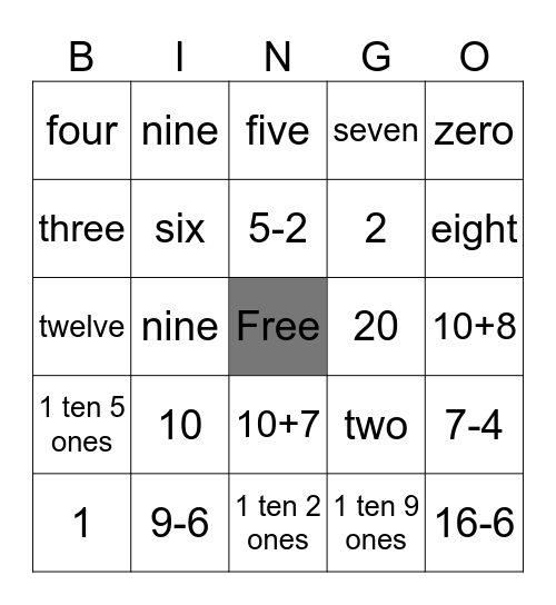 Grade 1 Math Bingo Card